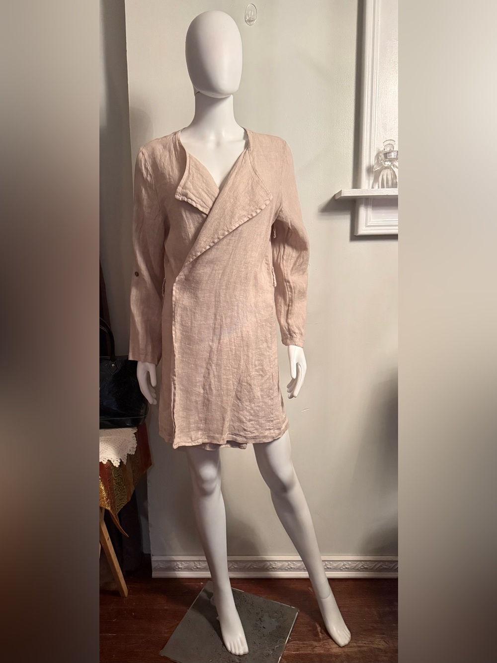 Light Beige  Long-Sleeve Linen-Blend Wrap Dress